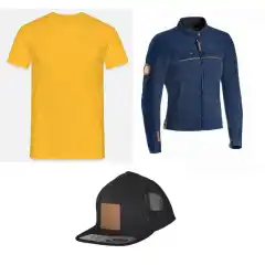 Pakke med jakke, t-skjorte og caps